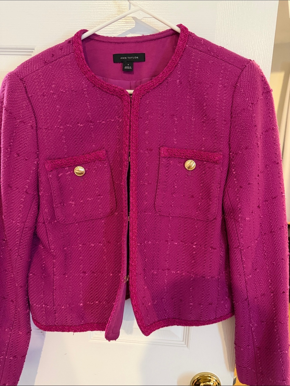 Ann Taylor Fuchsia Tweed Collarless Jacket with Gold Buttons